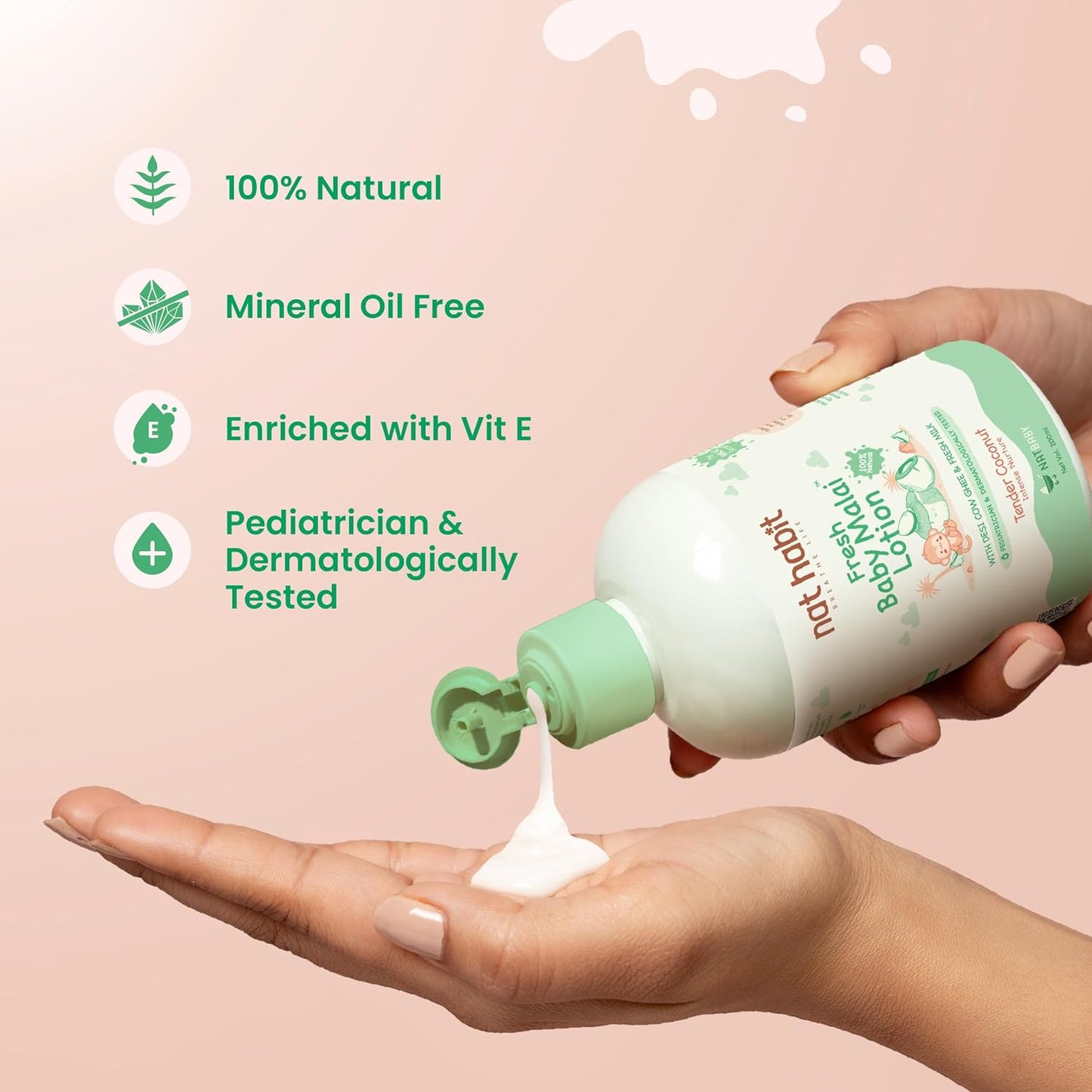 Nat Habit Baby Malai Lotion |Tender Coconut| Baby Body Lotion for Intense Nurture, Moisturizer for Deep Nourishment & Skin Barrier Protection | 100% Natural, Chemical-Free Baby Cream | 200ml
