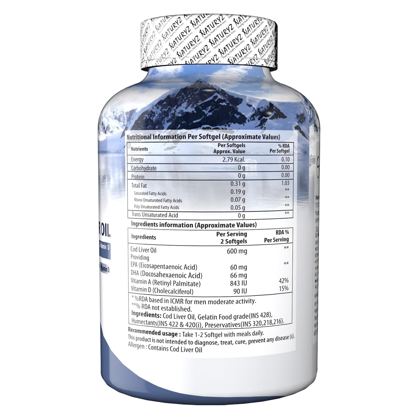 Supplement bottle with nutritional information label on a white background