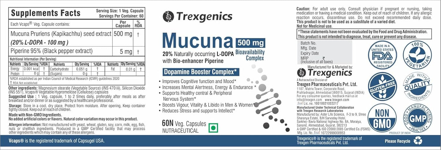 Trexgenics Mucuna 500 supplement label with branding and certification logos.
