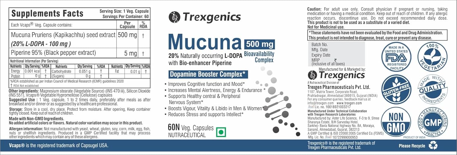 Trexgenics Mucuna 500 supplement label with branding and certification logos.