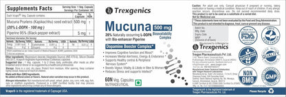 Trexgenics Mucuna 500 supplement label with branding and certification logos.