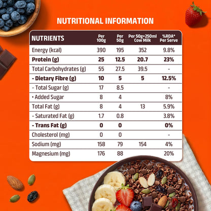Pintola 25g High Protein Dark Chocolate & Cranberry Muesli 1kg, No Refined Sugar, Trans Fat Free, High Fibre, Gluten-Free, Breakfast Cereal
