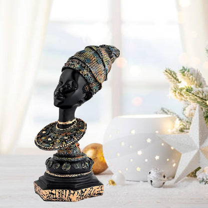 African Lady Statue with Pot|Graceful and Cultural Home Décor (Pack of 1, Black, Green & Golden, Model 1)