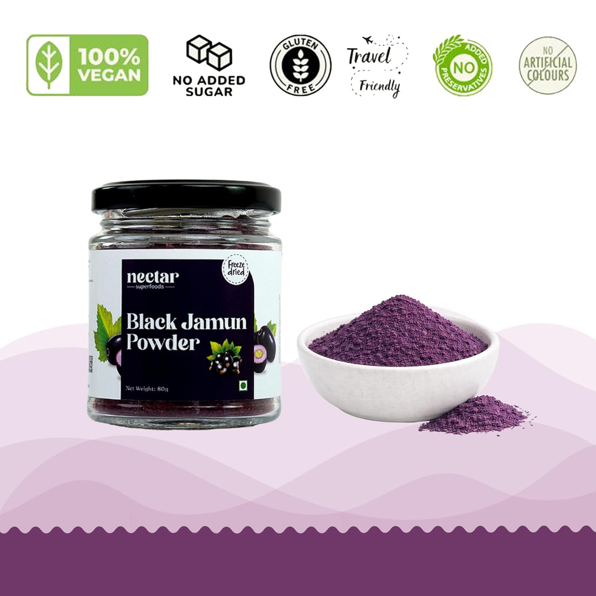 Nectar Superfoods Freeze Dried Black Jamun Powder- 80 grams Jar-Pack of 1 Nos | 100% Natural | No Added Sugar, Preservative-Free & Vegan | Processed in India
