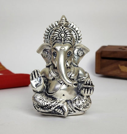 Gold Art India Silver Plated Antique Mukut Ganesha, Versatile Decor for Car Dashboard, Office, Home, and Puja, Ideal Gift for Celebrations (MUKUTSILVERBLACKANTIQUE 3.5")