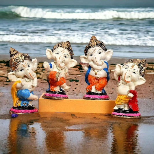 Handcrafted Resin Little Ganesh Idol Set of 4 Showpieces for Home Decor Office Table Temple Spiritual Gift Figurine Collection