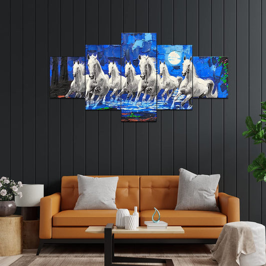 Seven Horse Vastu Painting For Wall Decoration - Set Of Five, 3d Scenery Running Horse Painting, Large Size with Frames ( 75 CM X 43 CM)Multicolor