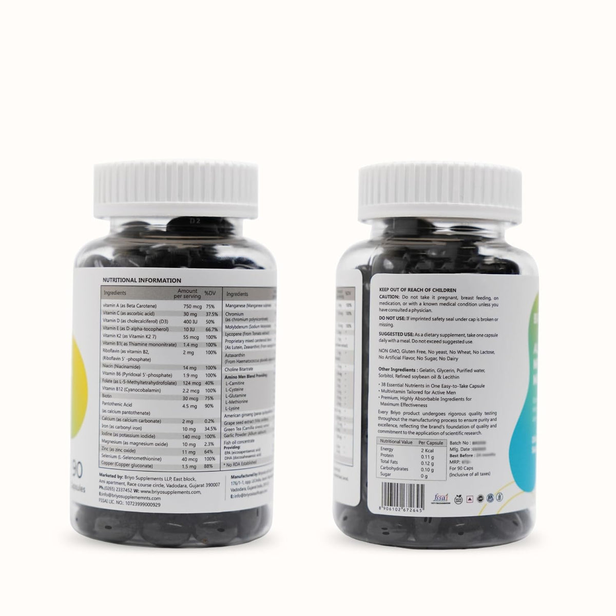 Two supplement bottles with labels on a white background