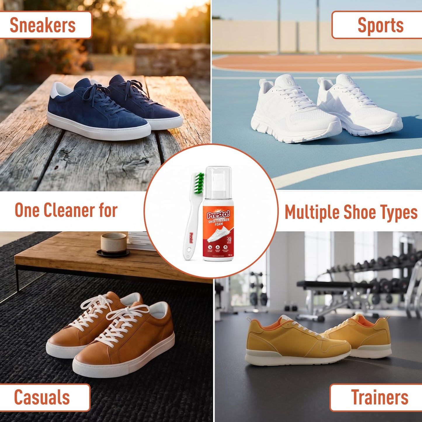Amazon Brand - Presto! Sports Shoe Cleaner With Brush 150 ml | Removes Tough Stains | No Water Required | Ready To Use