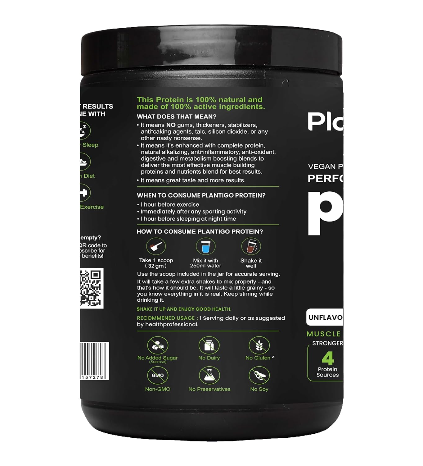 Plantigo Plant Protein Powder 500g - Unsweetened, Unflavoured, No added Sugar & Sweetener | Plant Based Pea Protein Powder |25g Protein, BCAA, Fiber - Men & Women Muscle Growth, Cooking, Baking
