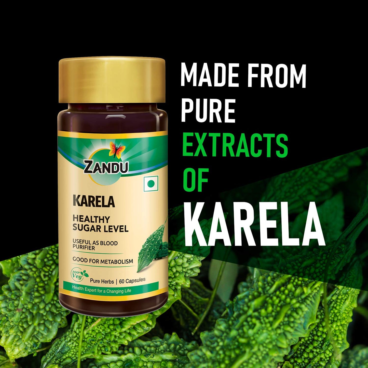 Zandu Karela Pure Herbs (Bitter Melon) for Healthy Sugar Levels and Improved Metabolism | 100% Natural & Authentic | Powerful Blood Purifier for Glowing Skin - 60 Veg capsules