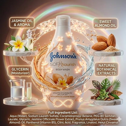 Johnson’s Soft & Nourish Body Wash 400ml – Almond Oil & Jasmine Aroma Shower Gel, Moisturising Body Cleanser for Soft, Silky & Hydrated Skin, Suitable for All Skin Types