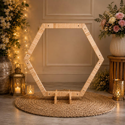 SATYAM KRAFT 1 Piece Foldable Hexagon Shape Wooden Makhar Mandap | Wooden Pooja Backdrop Stand for DIY Pandal & Temple | Ganpati Decoration Setup for Ganesh Chaturthi & Idol Pooja Decor, Festival