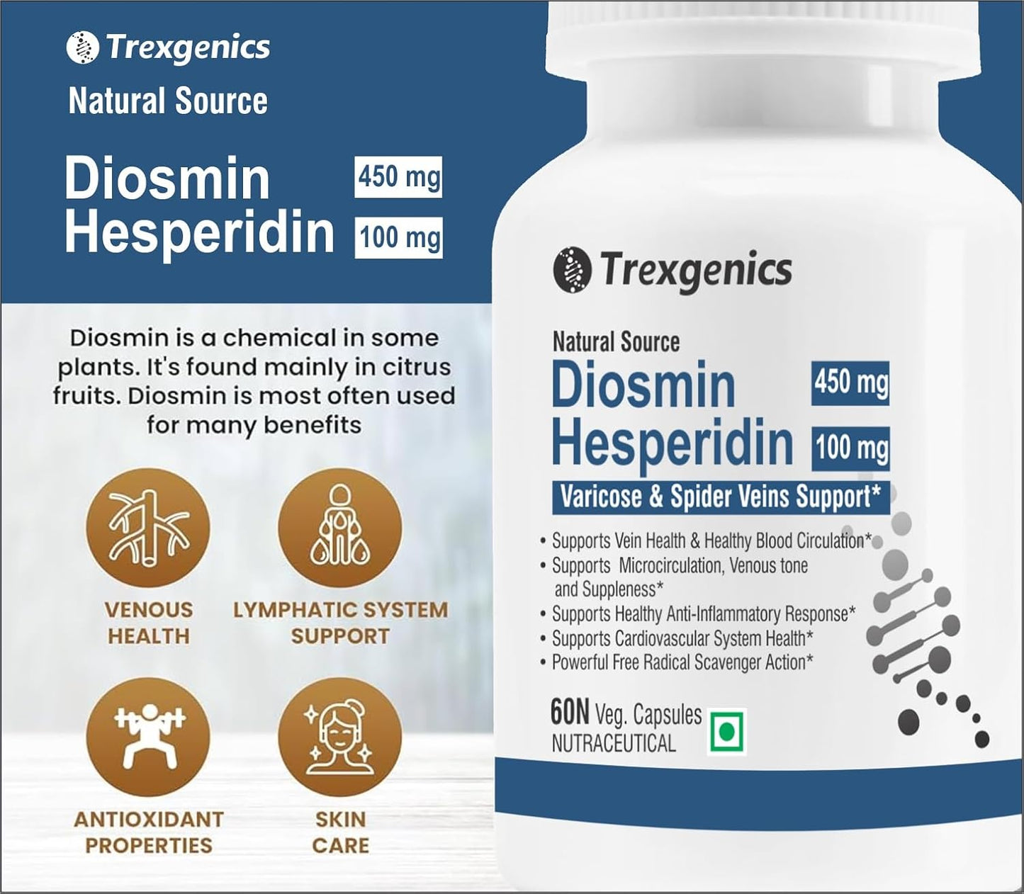 Trexegenics Diosmin Hesperidin supplement bottle with label on a blue background
