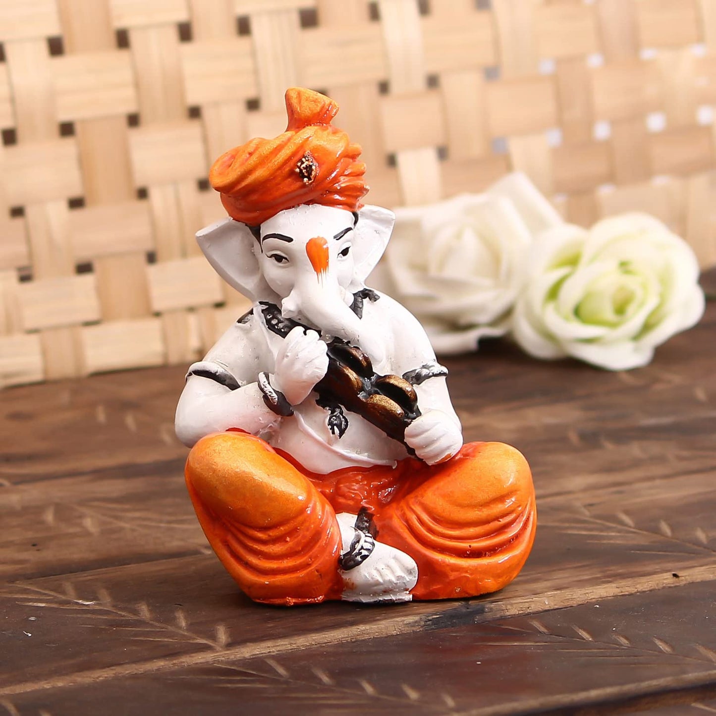 eCraftIndia Synthetic Fiber Lord Ganesha Playing Manjeera Statue (7.62 cm x 7.62 cm x 12.7 cm, Orange and Brown)