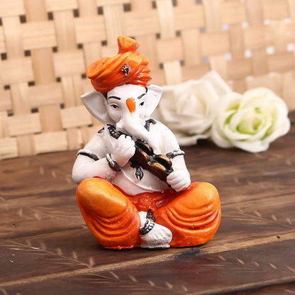 eCraftIndia Synthetic Fiber Lord Ganesha Playing Manjeera Statue (7.62 cm x 7.62 cm x 12.7 cm, Orange and Brown)