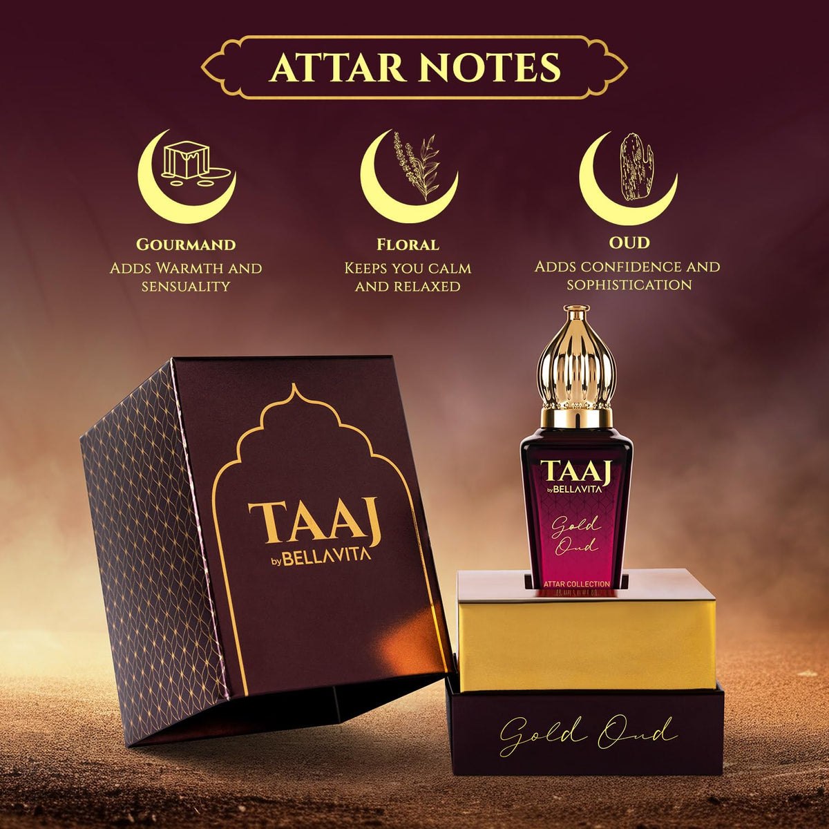 TAAJ by Bellavita Attar with packaging on a warm brown background