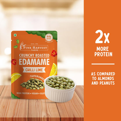 Pink Harvest Farms Crunchy Roasted Edamame Snacks | Chilli Lime Flavor | High Protein Vegan Snack | Gluten Free Healthy Namkeen Alternative | Ready to Eat, 180g