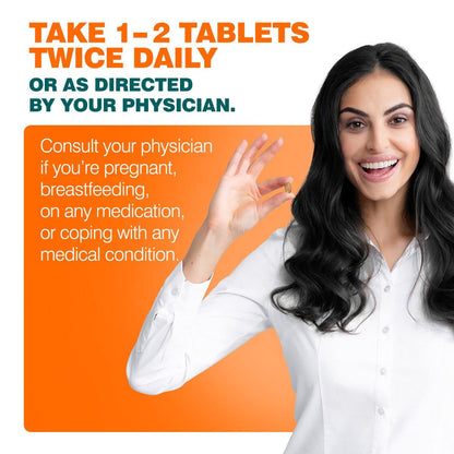 Woman holding a pill with medical advice text on an orange background