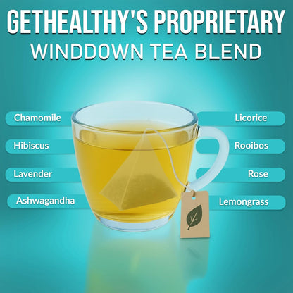 Glass of tea with a tea bag labeled 'GetHealthy's Proprietary Windown Tea Blend' on a teal background.
