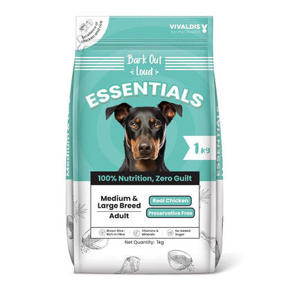 BARK OUT LOUD Essentials Adult Dog Food for Medium & Large Breed | Real Chicken & Egg | Gluten-Free, Prebiotics & Fish Oil for Immunity | Dry Dog Food for Labrador, Retriever, Husky – 1Kg | Gluten Free, Prebiotics, Fish Oil for Immunity