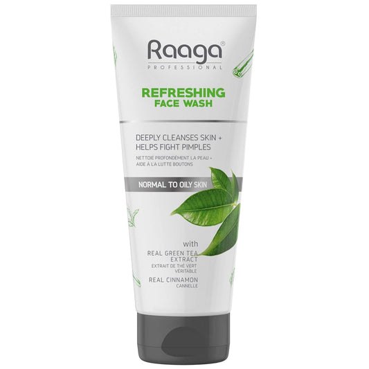 Raaga Refreshing Face Wash tube with green tea extract on a white background