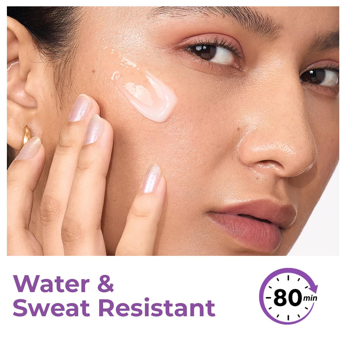 Woman applying cream to her face with text 'Water & Sweat Resistant' and '80 min' on a white background