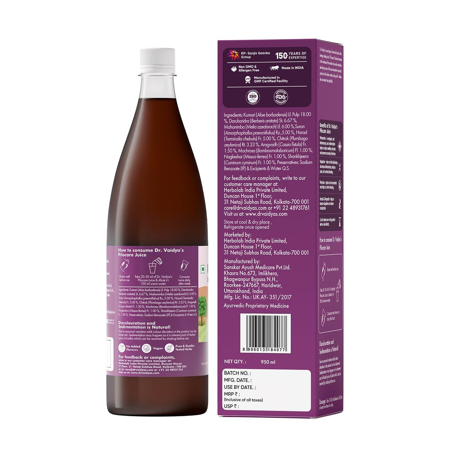 Dr. Vaidya's Pilocare Juice 950ml | Ayurvedic Piles Care Medicine for Relief from Hemorrhoids, Fissure, Fistula & Piles Pain | Natural Treatment for Piles & Fissure Medicine