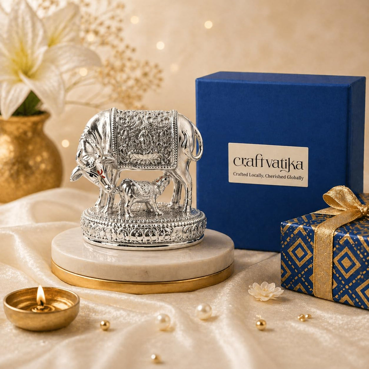 999 Pure Silver-Plated Kamdhenu Cow with Calf Idol Statue 2.5 Inch Vastu Decor, Gift for Ganpati Festival Home Decoration Items, House Warming Gifts, Anniversary Wedding Gifts for Women