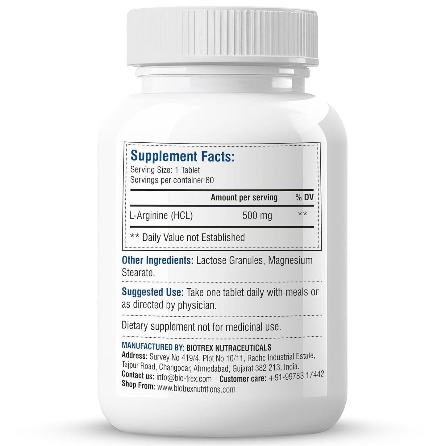 Biotrex Nutraceuticals L-Arginine 500mg Supplement | Nitric Oxide Booster & Muscle Growth | Blood Flow & Heart Health | Pre Workout | Non-GMO | 60 Tablets