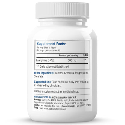 Biotrex Nutraceuticals L-Arginine 500mg Supplement | Nitric Oxide Booster & Muscle Growth | Blood Flow & Heart Health | Pre Workout | Non-GMO | 60 Tablets