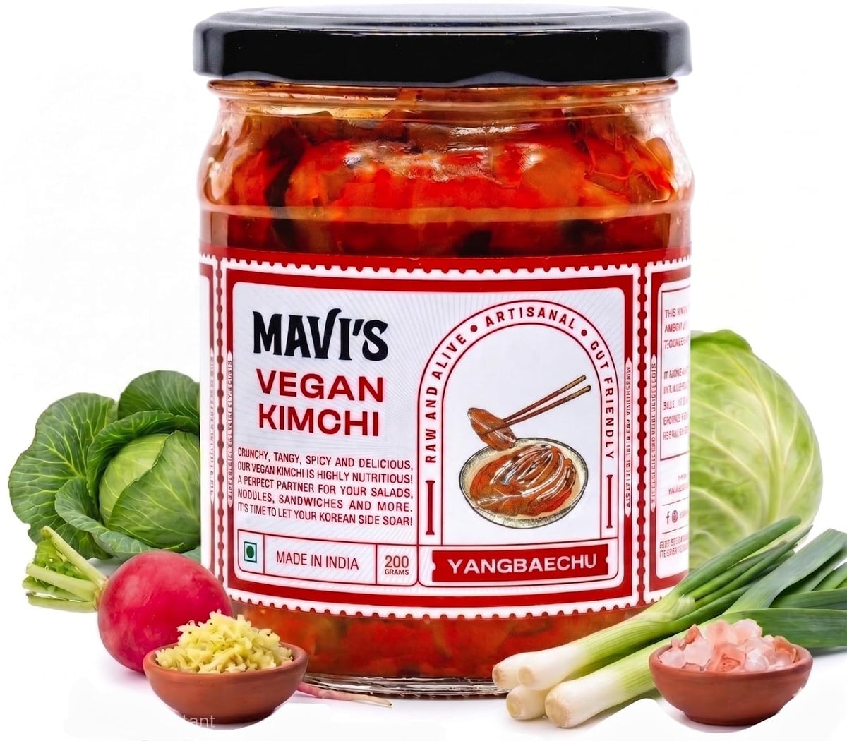 MAVI's Veg Kimchi | Korean Cabbage Kimchi | Artisanal Probiotic Pickle | Vegan | No Preservatives, No Artificial Flavour or Colour | Pack of 1 (200g)
