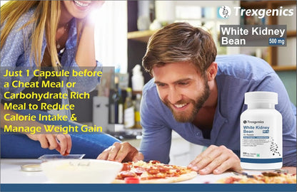 Man and woman at a table with a pizza, Trexegenics White Kidney Bean supplement bottle, and promotional text.