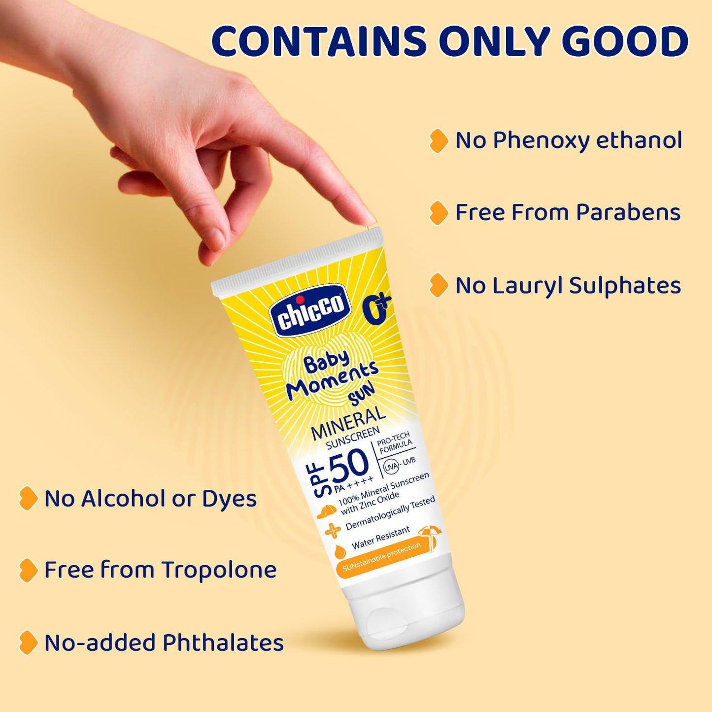 Chicco Baby Moments Mineral Sun Cream SPF 50 for Babies, 75g| 100% Mineral Sunscreen | PA++++ | UVA and UVB Protection | Phenoxyethanol, Parabens & Lauryl Sulphates Free