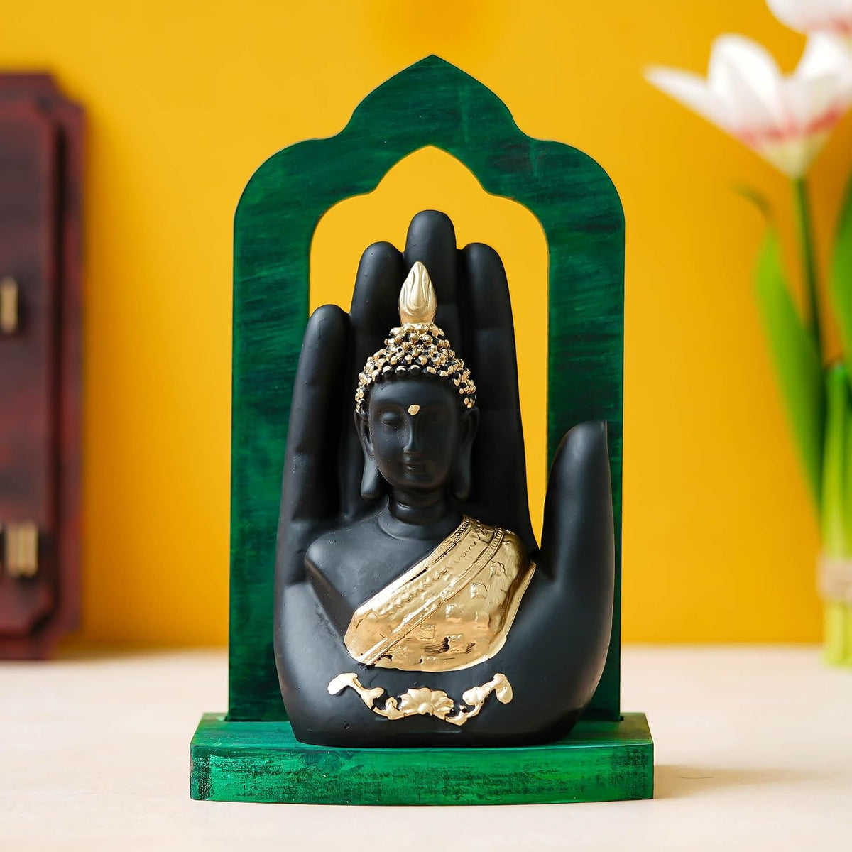 Palm Buddha Statue Showpiece for Home Decor Living Room Office Desk (Green Black Golden)| Lord Buddha Idol Gift for Diwali Buddha Purnima Housewarming Birthday