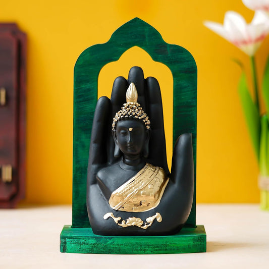 Palm Buddha Statue Showpiece for Home Decor Living Room Office Desk (Green Black Golden)| Lord Buddha Idol Gift for Diwali Buddha Purnima Housewarming Birthday