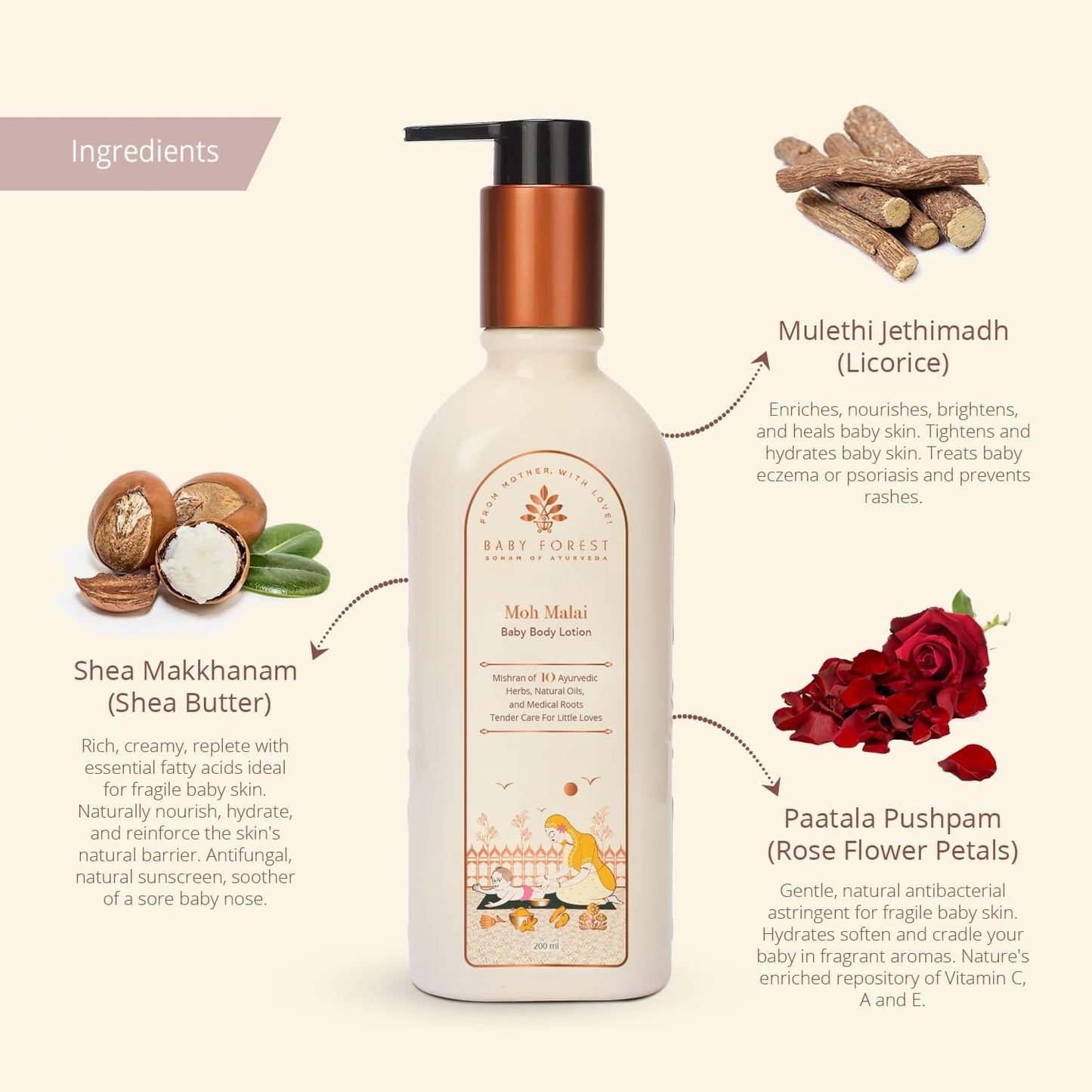 Baby lotion bottle with ingredients listed on a beige background