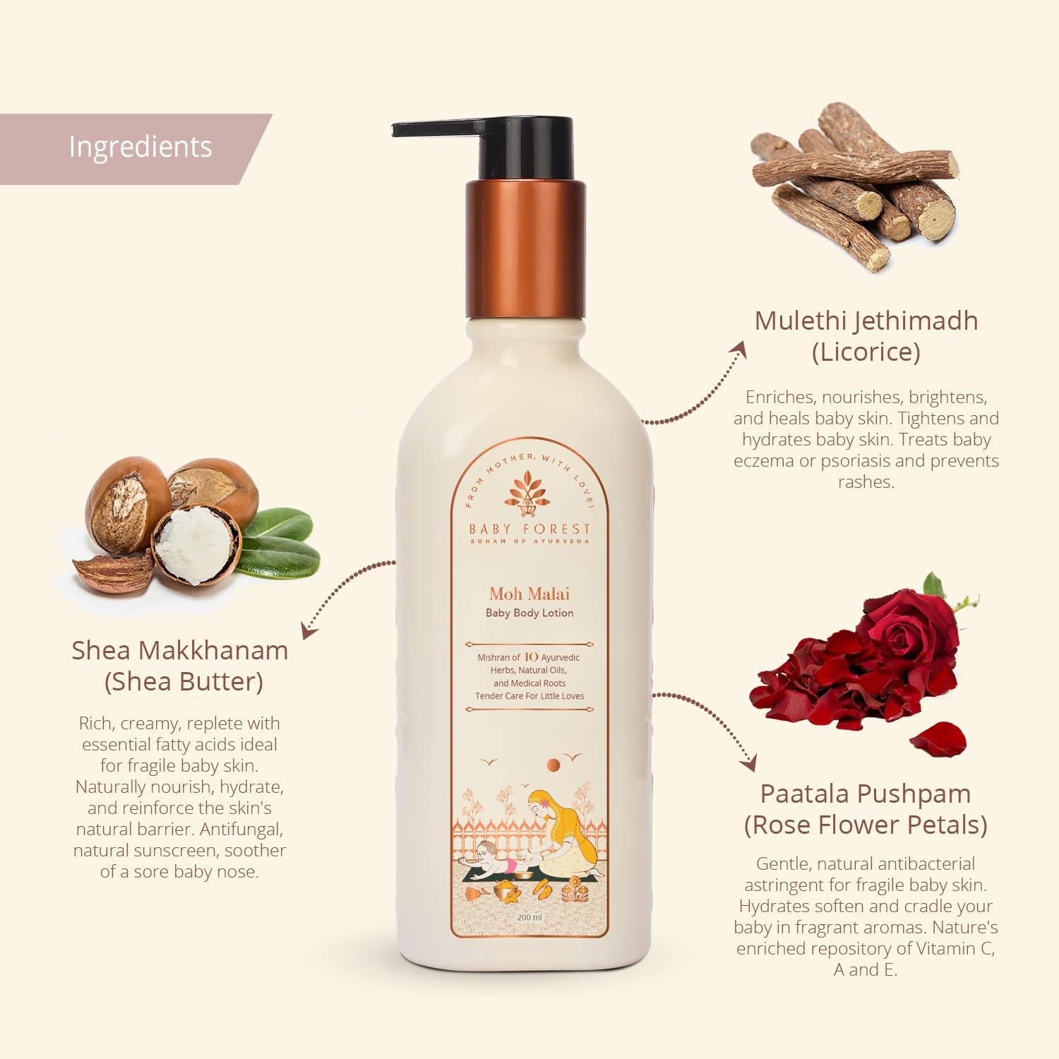 Baby lotion bottle with ingredients listed on a beige background