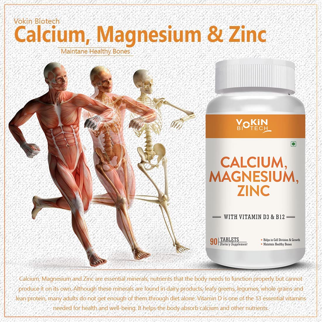 Vokin Biotech Calcium, Magnesium & Zinc supplement bottle with anatomical models of a man and skeleton on a light gray background.