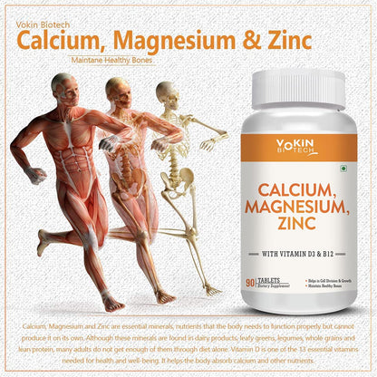 Vokin Biotech Calcium, Magnesium & Zinc supplement bottle with anatomical models of a man and skeleton on a light gray background.