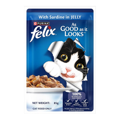 Purina Felix Sardine in Jelly, Wet Food for Adult Cats, 85g Pouch | With Sardine in Jelly, Tasty Meaty Chunks, 100% Complete & Balanced Nutrition, Vitamins D & E, Omega 6, Essential Minerals