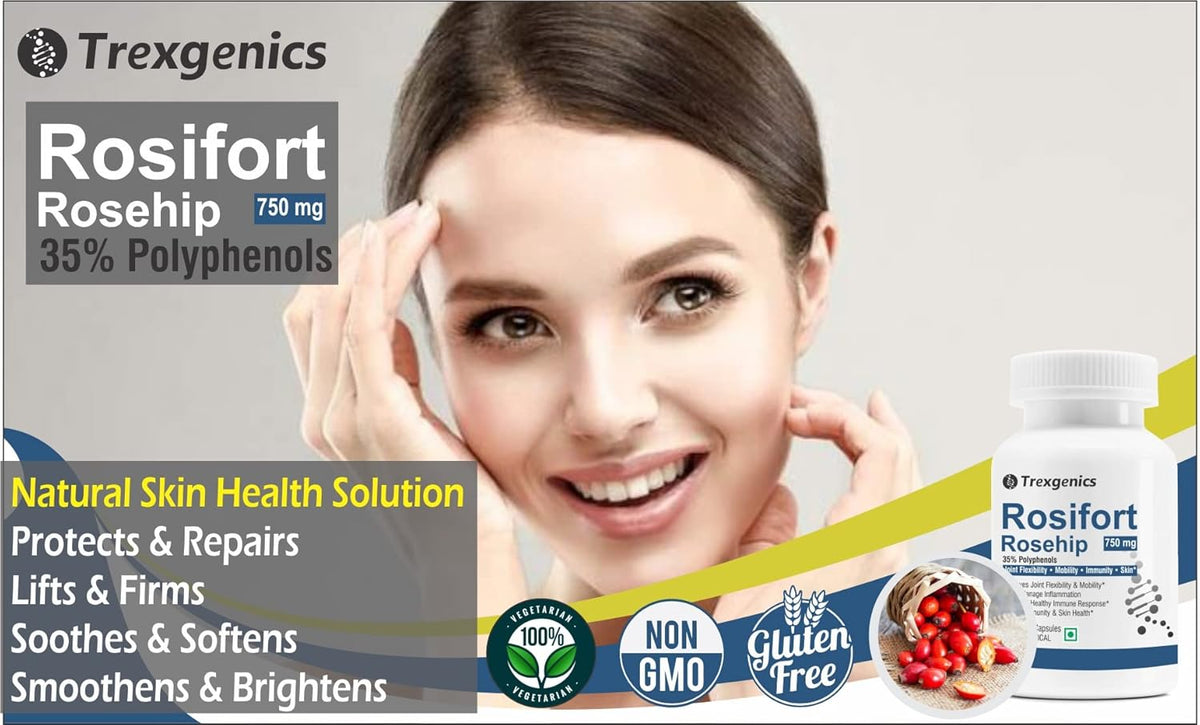 Advertisement for Trexgenics Rosifort Rosehip supplement with a woman's face and product packaging.