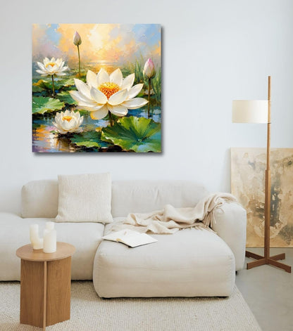 Lotus Flower Painting for Wall Vastu (15+ DESIGNS) Framed Lotus Canvas Painting for Living Room, Bedroom | Nature Floral Wall Art with Multiple Design Variations (White Lotus, 18x18 Inch, Framed)