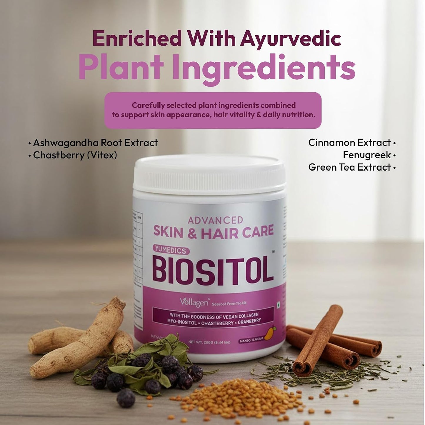 Yumedics Biositol Collagen Powder for Women | 200 Gm Vegan Collagen Powder for Skin & Hair Care | Includes Ashwagandha, Chastberry, Cinnamon, Fenugreek & Green Tea