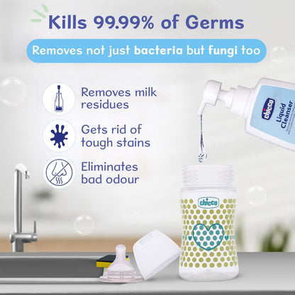 Chicco Liquid Cleanser 500ml I 100% Food Grade & Natural Ingredients I Kills 99.99% germs I Effective cleaning of baby Bottles, Nipples, Accessories and Toys I Baby Safe & Dermatologically Tested