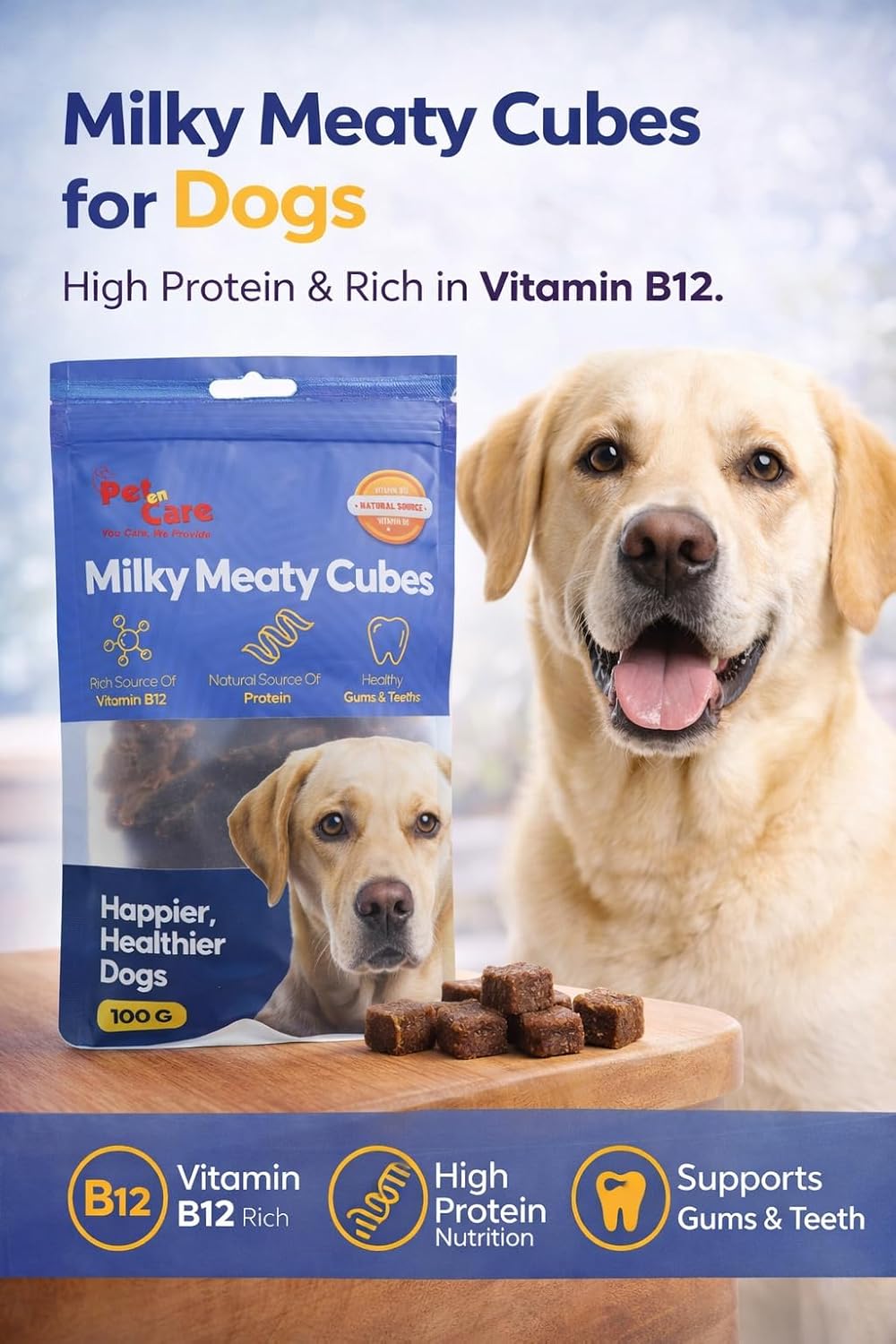 Pet en Care Milky Meaty Cubes (Buffalo Meat) Dog Treats (100g) | High Protein Snacks with Vitamin B12 | Supports Healthy Gums & Teeth | Soft Chewy Treats for Dogs