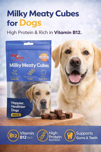 Pet en Care Milky Meaty Cubes (Buffalo Meat) Dog Treats (100g) | High Protein Snacks with Vitamin B12 | Supports Healthy Gums & Teeth | Soft Chewy Treats for Dogs