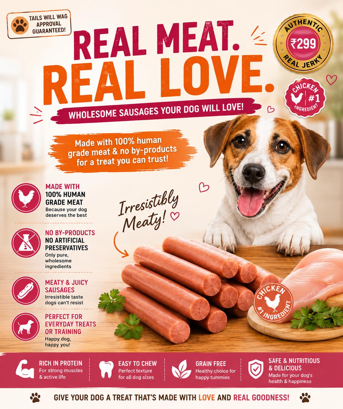 First Bark Chicken Sausages for Dogs 450g (Pack of 1), High Protein Made with 100% Human Grade Chicken Meat Dog Treats, Soft & Tasty Training Snacks for All Dog Breeds Newly Launched By DogsNCats