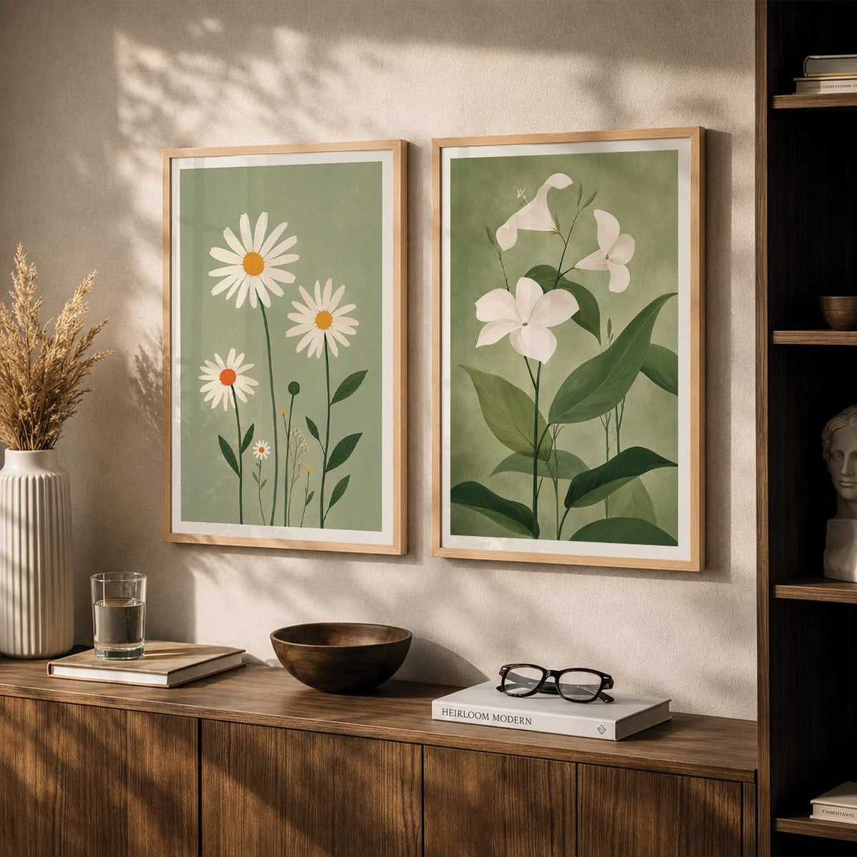 Green Floral Wall Art Set of 2 | Living Room (DGN03-Natural10x13 inch)