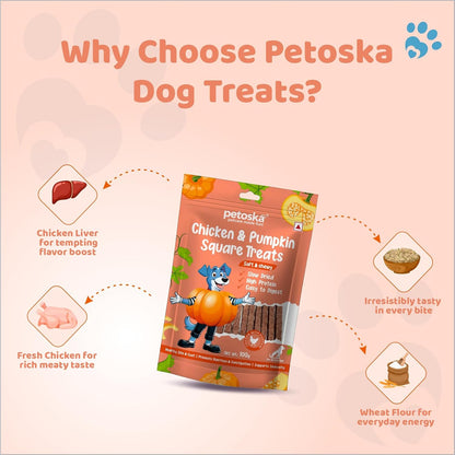 Petoska Chicken & Pumpkin Square Sticks – 100gms | Healthy & Tasty Dog Chews | Real Chicken & Pumpkin | Supports Digestion & Immunity | Dogs of All Breeds